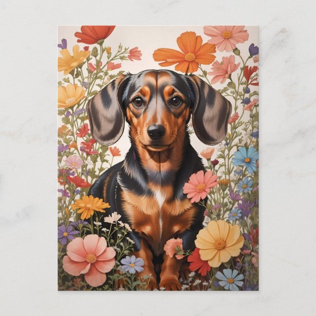 Cartão Postal Flores De Dachshund Castanho E Cosmos (Frente)