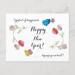 Cartão Postal Flores de feliz ano novo e Símbolo da Felicidade