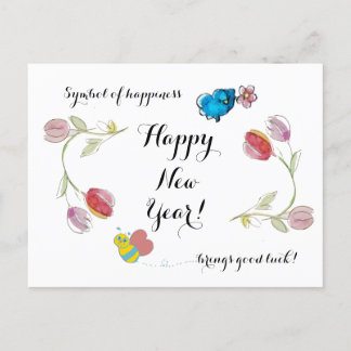Cartão Postal Flores de feliz ano novo e Símbolo da Felicidade