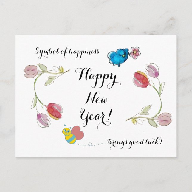 Cartão Postal Flores de feliz ano novo e Símbolo da Felicidade (Frente)