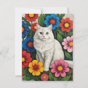 Cartão Postal Flores de Gato Branco Fluffy e de Arte Folclórica