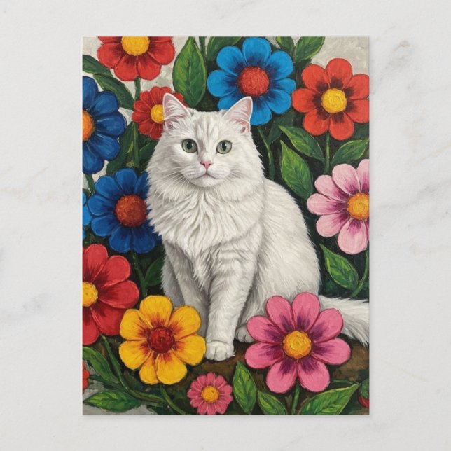 Cartão Postal Flores de Gato Branco Fluffy e de Arte Folclórica (Frente)