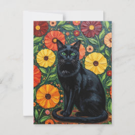 Cartão Postal Flores de Gato Negro e Folhas Coloridas de Arte Fo