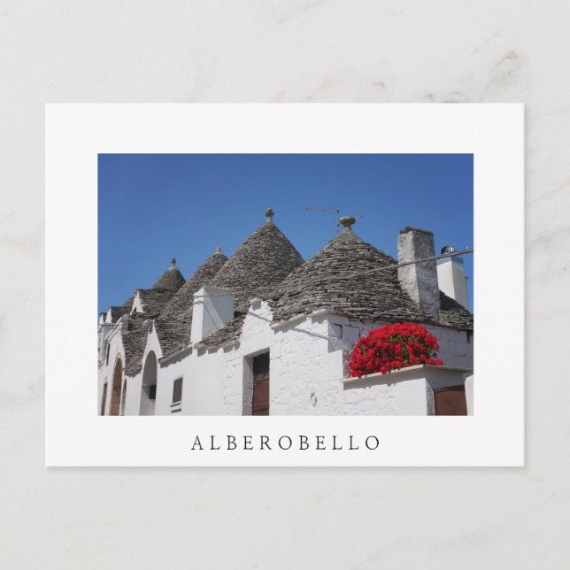 Cartão Postal Flores de gerânio e casas de trulli em Alberobello (Frente)