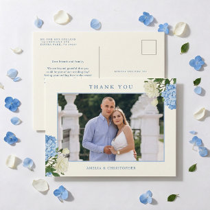 Cartão Postal Flores de Hortênsia Azul e Jardim de Rosas Obrigad