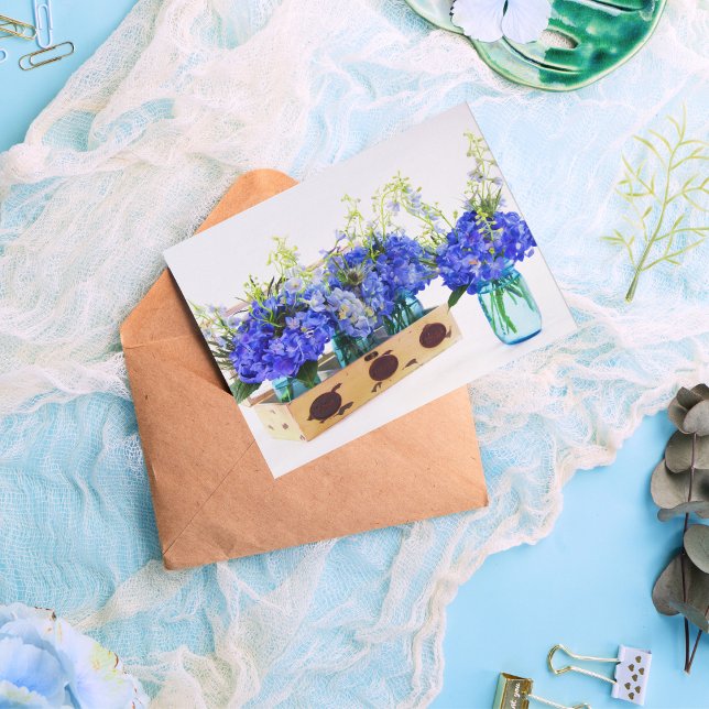 Cartão Postal Flores de Hortênsia Azul em Caixa Vintage Postcard (Criador carregado)