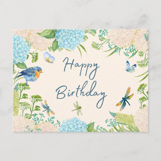 Cartão Postal Flores de Hortênsia de Aquarela de Aniversário (Frente)
