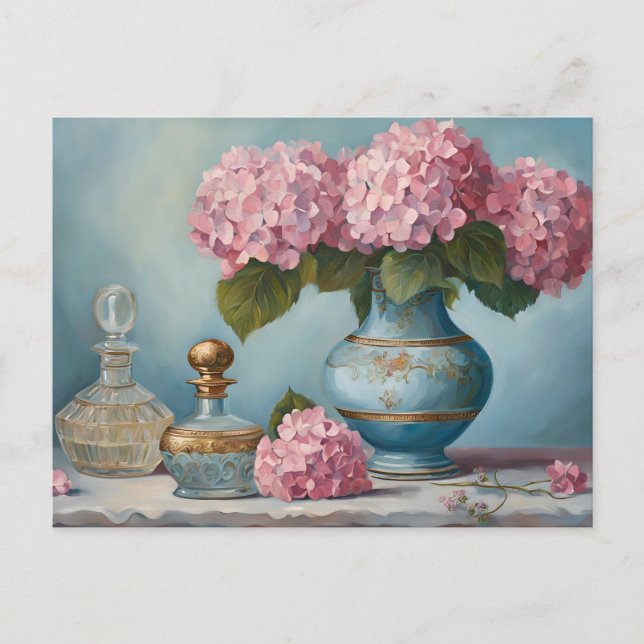 Cartão Postal Flores de Hortênsia Rosa e Frascos de Perfume Anti (Frente)