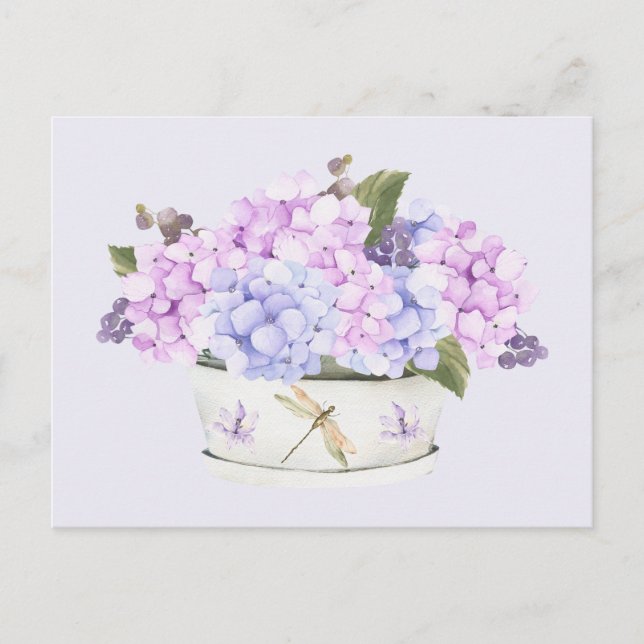 Cartão Postal Flores de Hydrangea Púrpura e Cor da Água (Frente)