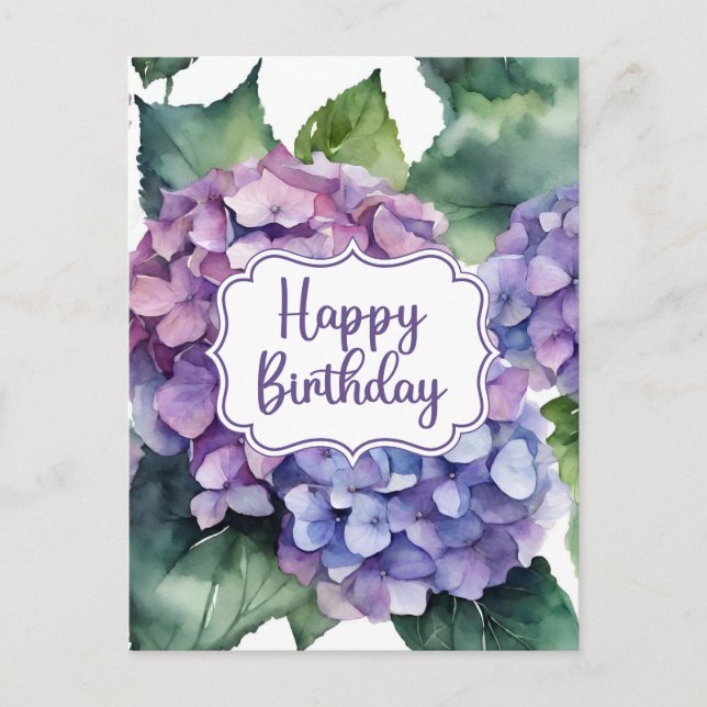 Cartão Postal Flores de Hydrangea Roxa de Aniversário Feliz (Frente)