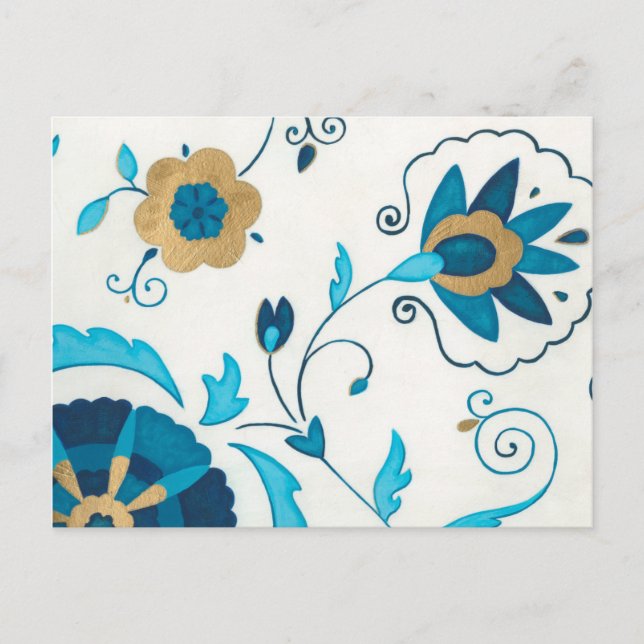 Cartão Postal Flores de Indigo Douradas com Fundo Branco (Frente)
