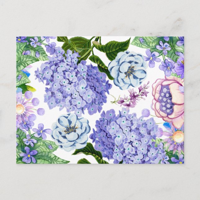 Cartão Postal Flores de Jardim em Aquarela Roxo, Rosa e Azul (Frente)
