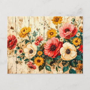 Cartão Postal Flores de Jardim Vermelhas e Amarelas sobre Madeir