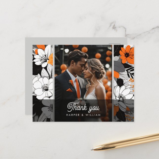 Cartão Postal Flores de linearte laranja obrigado de casamento (Frente/Verso In Situ)