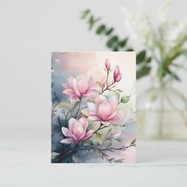 Cartão Postal Flores de Magnólia Rosa Botânica (Em pé/Frente)