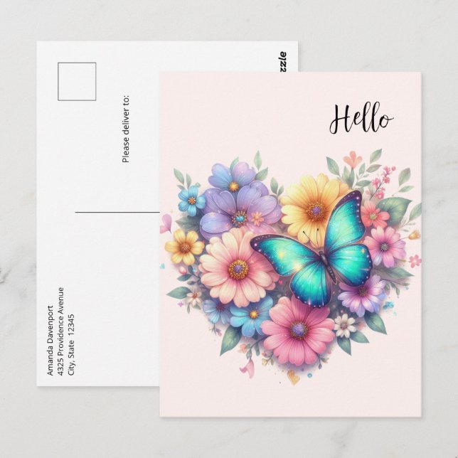 Cartão Postal Flores de Margarida com uma Linda Borboleta (Frente/Verso)