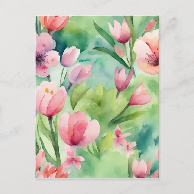 Cartão Postal Flores de Mola de Aquarela (Frente)