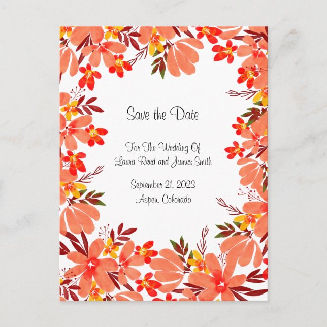 Cartão Postal Flores de outono e Folhas Salvar a Data (Frente)