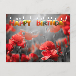 Cartão Postal Flores de Papoula Vermelhas e Velas de Aniversário
