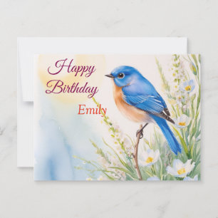 Cartão Postal Flores de Pássaro Azul Personalizadas Aquarela ani