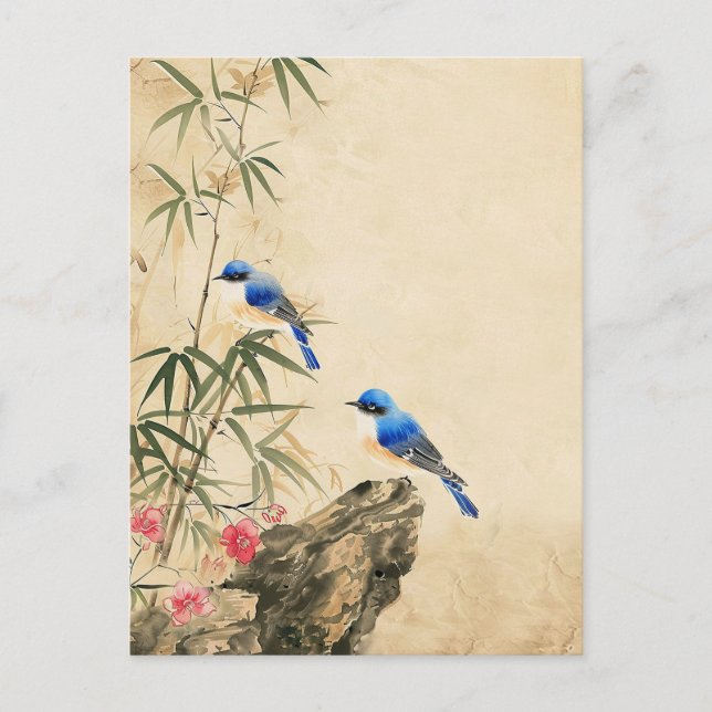 Cartão Postal Flores de Pássaros Japoneses Antigos (Frente)