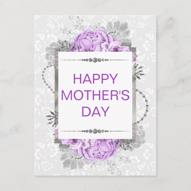 Cartão Postal Flores de Prata e Lilás & Brilho Dia das Mães (Frente)