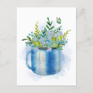 Cartão Postal Flores de primavera de cor aquosa azul