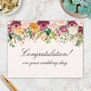 Cartão Postal Flores de Rosa em Aquarela Congratulações de Casam