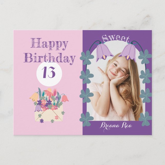 Cartão Postal Flores de Sino de Lavanda Texto de Foto de Anivers (Frente)