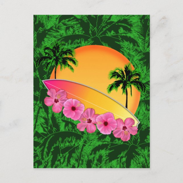 Cartão Postal Flores de surfboard e Hibiscus (Frente)