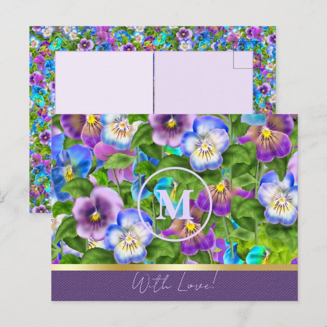 Cartão Postal Flores de Violeta de Pansy de Aniversário com Mono (Frente/Verso)