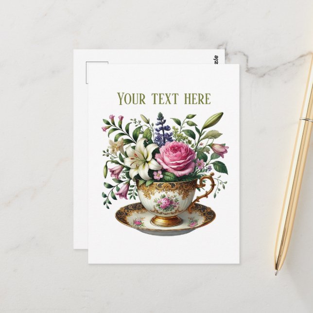 Cartão Postal Flores de xícara fofas personalizáveis  (Frente/Verso In Situ)
