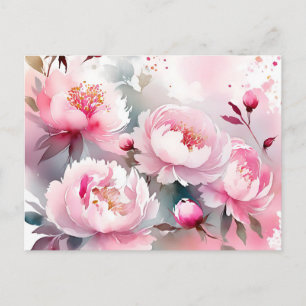 Cartão Postal Flores Delicadas em Aquarela em Rosa Suave