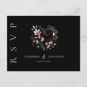 Cartão Postal Flores Douradas Rosa modernas e um Heart-RSVP-Wedd