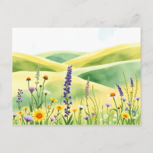 Cartão Postal Flores e Colinas-prados rolantes de aquarelas