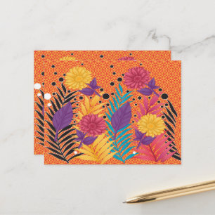 Cartão Postal flores e folhas coloridas sobre fundo preto