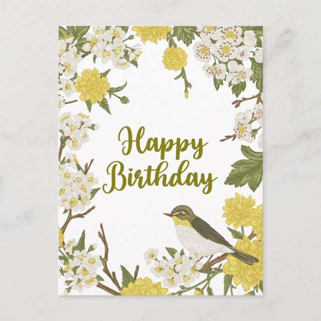 Cartão Postal Flores e Pássaro da Natureza Botânica de Aniversár (Frente)