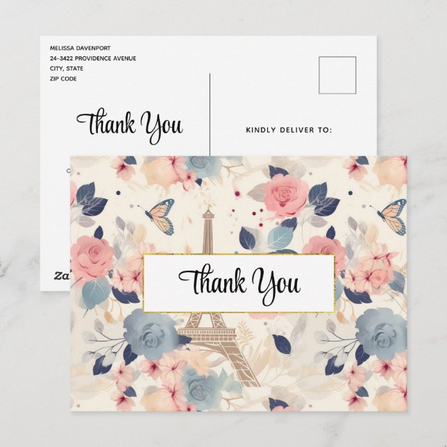 Cartão Postal Flores e Torre Eiffel Paris Padrão Obrigado (Frente/Verso)