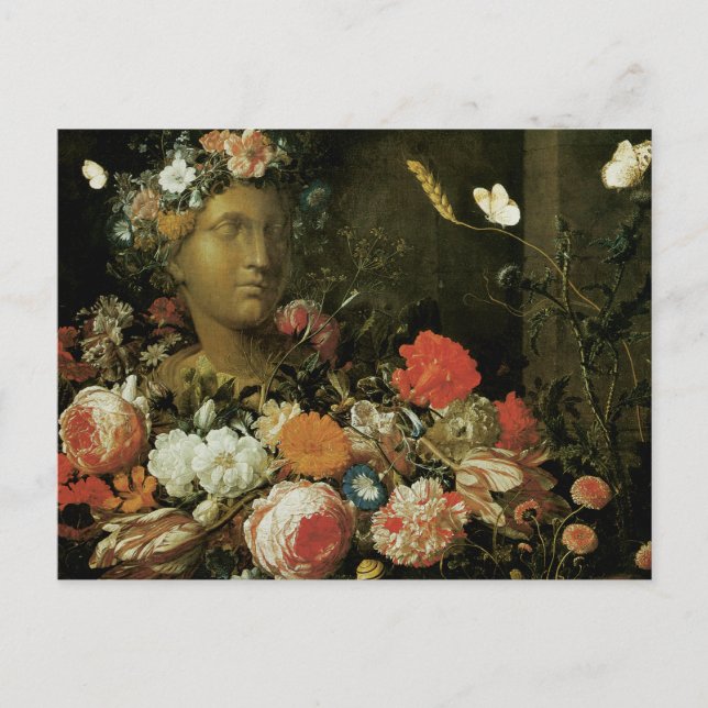 Cartão Postal Flores em torno de um busto clássico (Frente)