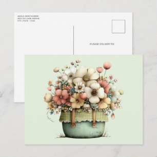 Cartão Postal Flores em um Vaso Aconchegante Shabby Fofo