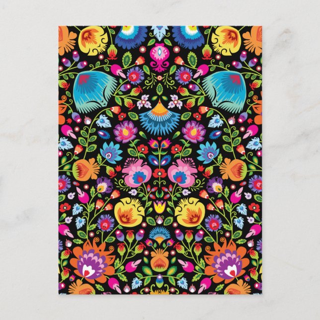 Cartão Postal Flores folclóricas Wycinanki preto (Frente)