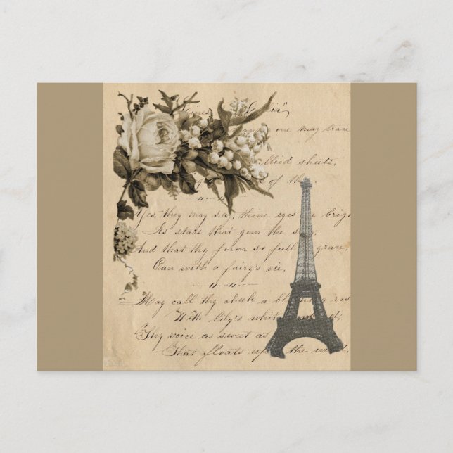 Cartão Postal Flores francesas antigas e Torre Eiffel (Frente)