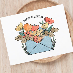 Cartão Postal Flores Ilustradas de Feliz Aniversário