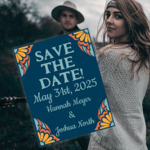 Flores Laranja-Groovy em Azul Profundo Salvar-a-Da