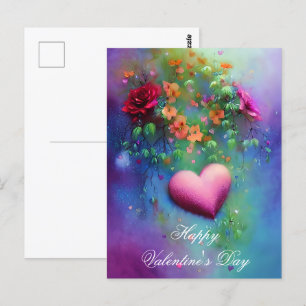 Cartão Postal Flores nebulosas e valentine coração