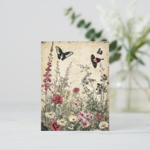 Cartão Postal Flores, Pássaros e Borboletas em Papel Vencido (2)