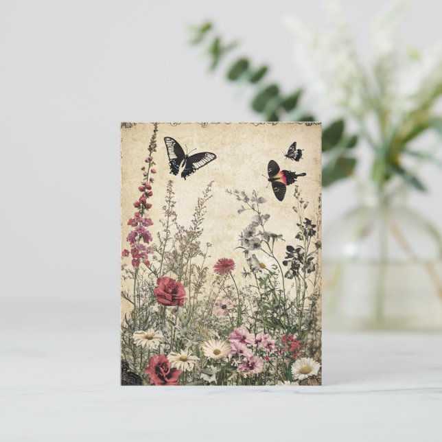 Cartão Postal Flores, Pássaros e Borboletas em Papel Vencido (2) (Em pé/Frente)