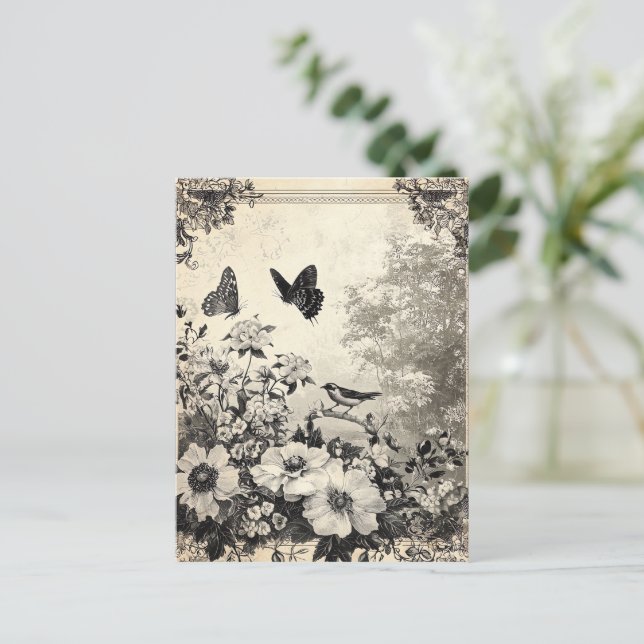 Cartão Postal Flores, Pássaros e Borboletas em Papel Vencido (3) (Em pé/Frente)