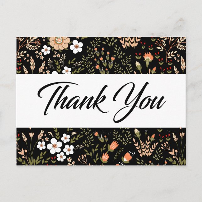 Cartão Postal Flores Preto e Branco Obrigado Flores Botânicas (Frente)
