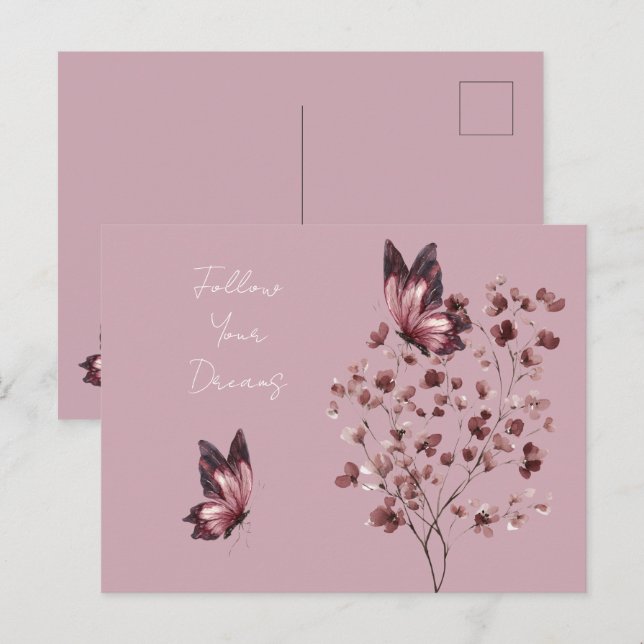 Cartão Postal Flores Rosa Borgonha Borboleta Sonhos (Frente/Verso)